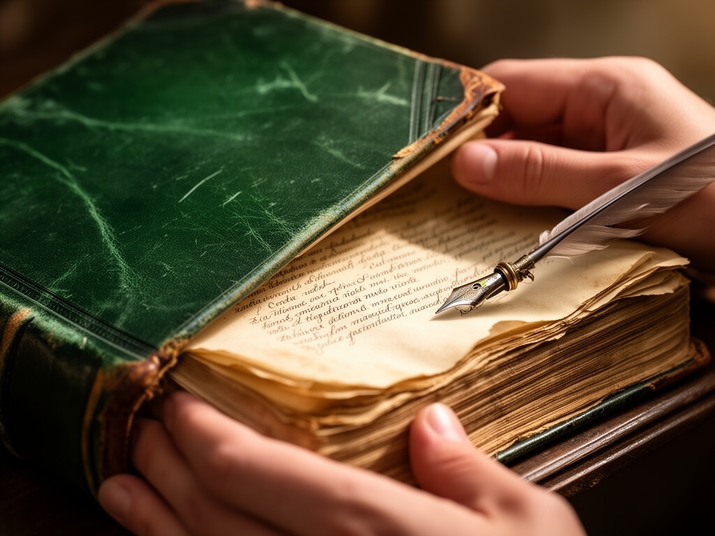 Dettaglio di mani che sfogliano un libro antico rilegato in cuoio verde con pagine ingiallite, testo manoscritto in latino visibile, penna d'oca appoggiata su un calamaio di vetro, superficie di un tavolo di legno scuro con tracce del tempo, luce di candela arancione ambrata