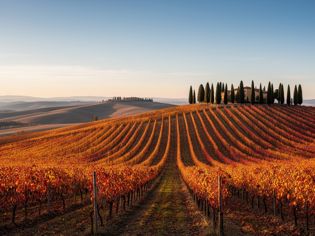 Panorama della campagna toscana in autunno con vigneti dai colori dorati e rossi, filari di cipressi sagomati contro il cielo azzurro polvere, luce radente del tramonto che crea lunghe ombre sul terreno collinare
