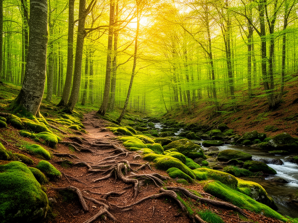 Sentiero forestale in un bosco di faggi italiani in primavera con luce solare verde-dorata che filtra attraverso le foglie appena sbocciate, muschio verde brillante sui sassi, radici contorte che emergono dal terreno umido, piccolo ruscello visibile in lontananza