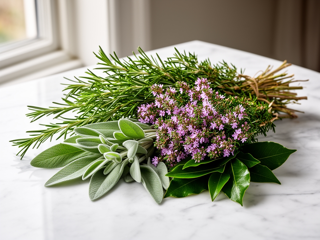 Mazzo di erbe aromatiche mediterranee fresche appena raccolte appoggiate su una superficie di marmo bianco di Carrara: rametti di rosmarino, foglie di salvia argentata, timo fiorito, foglie di alloro lucide, luce naturale diffusa da finestra laterale