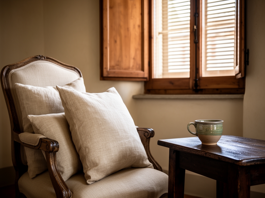 Interno di una stanza rustica italiana con luce soffusa del mattino che filtra attraverso persiane di legno, cuscini di lino beige su una poltrona antica, una tazza di ceramica artigianale su un tavolino di legno scuro, atmosfera di quiete domestica autentica
